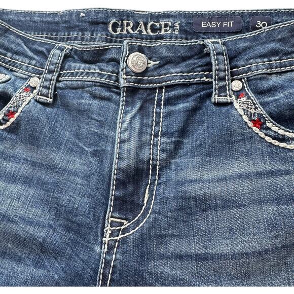 Grace in LA Bootcut Jeans Tribal Feather Embroider Fray Hem Easy Fit 32X33* (30) - Picture 12 of 16